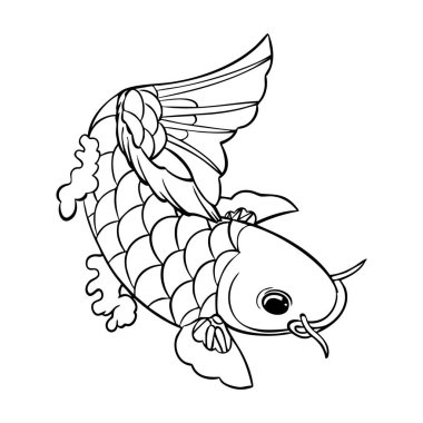 Koi balığı ana hatları siyah beyaz boyama kitabı, vektör illüstrasyonu.