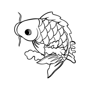 Koi balığı ana hatları siyah beyaz boyama kitabı, vektör illüstrasyonu.