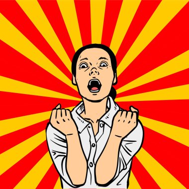Neşeli kadın şaşırdı. Gülümseyen bir kız, eller ayrı. Pop art retro vektör illüstrasyonu.