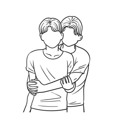 Eşcinsel çiftin el ele tutuşması çizgi sanatı dekorasyon, karalama stili, LGBTQ, vektör illüstrasyonu için çizilmiş aşk konsepti..