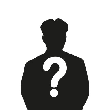 Soru işareti olan erkek silueti simgesi, bilinmeyen kişi konsepti, vektör illüstrasyonu