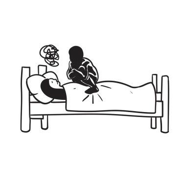 Kadın uyuyor ve kabus görüyor. Uyku felci, izomniya konsepti. Düz vektör illüstrasyonu.