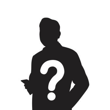 Soru işareti olan erkek silueti simgesi, bilinmeyen kişi konsepti, vektör illüstrasyonu