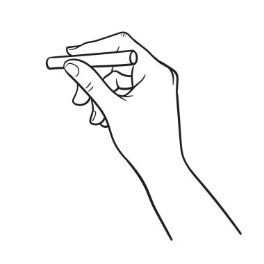 Tebeşir tutan bir el. Beyaz arkaplanda izole edilmiş vektör çizgisi simgesi.
