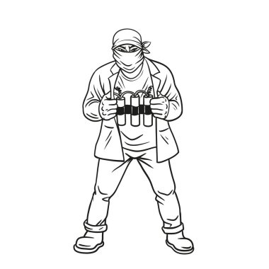 Dinamit karikatür vektörlü intihar bombacısı, el çizimi. Düz tasarım, beyaz arkaplanda izole