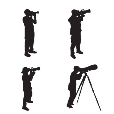 Kamerayı tripodlu, vektör resimli fotoğrafçı siluetleri..