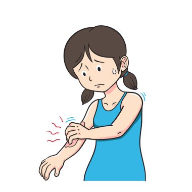 Kaşıntılı kolunu kaşıyan kız acı çeken kız, beyaz arka planda ürtizi olan kız, vektör çizimi..