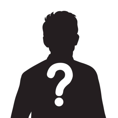 Soru işareti olan erkek silueti simgesi, bilinmeyen kişi konsepti, vektör illüstrasyonu