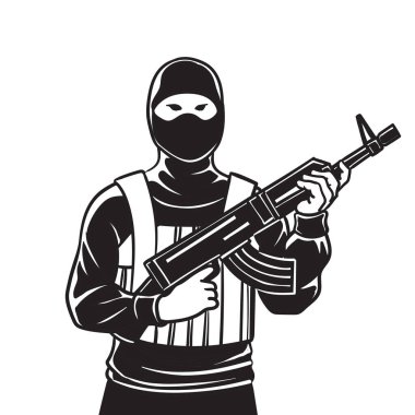 Beyaz arka planda silahlı hırsız terörist portresi var. vektör illüstrasyonu.