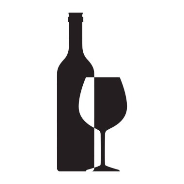 Şarap kadehi ikonlu şarap şişesi, alkol şişesi ve beyaz arka planda izole edilmiş cam siluet sembolü. Vektör illüstrasyonu.