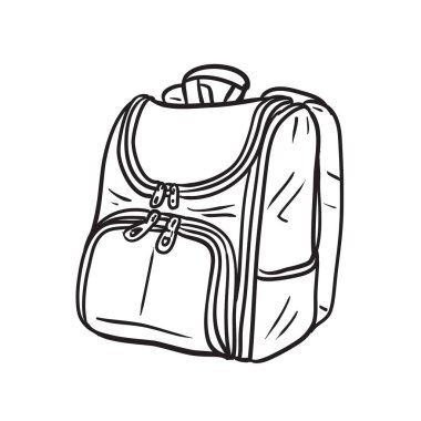 Elle çizilmiş okul çantası, fermuarla kapalı cepleri olan sırt çantası, beyaz arka planda izole edilmiş, çizim tarzında Vektör illüstrasyonu.