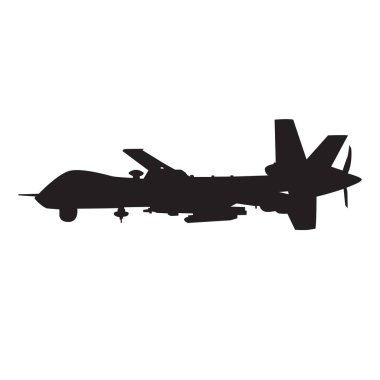 Askeri drone silueti. İnsansız hava aracının silueti ya da insansız hava aracı, düz stil, vektör illüstrasyonu
