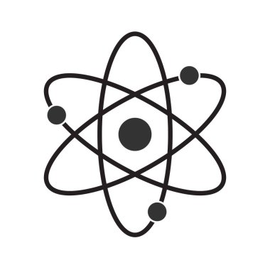 Atomik Sembol Bilim Teknolojisini ve Eğitimi temsil ediyor. Siyah ve Beyaz Grafik. Bilim, fizik, atomik yapı, minimalizm kavramı. Simge, sembol, tasarım ögesi.  