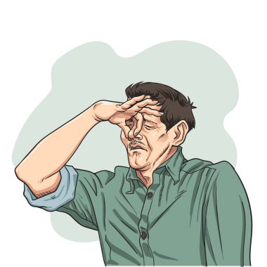 Burnunu eliyle kapatan ve kendini kötü hisseden bir adamın vektör çizimi..