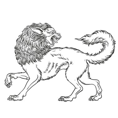 Barghests dog spirits demonic with big claws and teeth stalks through long grass soon after nightfall as the moon rises, vector illustration.