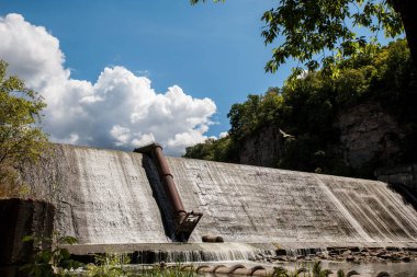 Nehirdeki resimsel desenli şelale, kayalık ormanlık kıyıların zeminine ve gündüzleri bulutlu mavi bir gökyüzüne karşı. Barajın yanında beyaz bir martı uçuyor..