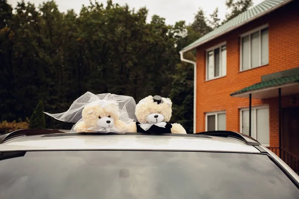 Ett Par Nallebjörnar Klädda Som Brud Och Brudgum Sitter Taket — Stockfoto