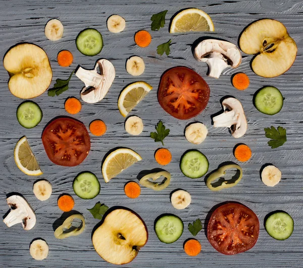 Composition Fresh Cut Vegetables Fruits Champignons Lemon Carrots Pepper Apple — Stock Photo, Image