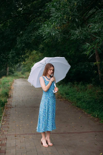 A slender young girl with blond long hair, in a blue summer dress and shoes, stands with a white umbrella in her hands, on a path in a forest park area in the rain.