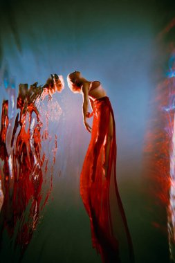 Sanat eserleri. İnce, bronz tenli, atletik vücutlu, sarı saçlı, kırmızı kumaşlı, açık renk iç çamaşırlı, havuzda bale pozu veren bir kız. Tasarım ve dekorasyonunuz için estetik resim.