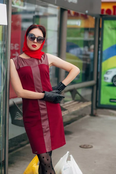 Portrait Stylish Woman Sunglasses Red Dress Black Leather Gloves Tights — Stock Photo, Image