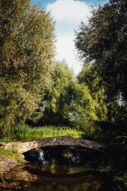 Nehir ve eski bir taş köprüsü olan pitoresk bir bölgenin dikey manzarası. Yaratıcı tasarımınız veya çizimleriniz için resim.