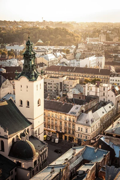 利沃夫乌克兰全景 从鸟瞰看 这是一个阳光明媚的乌克兰古城 旅游与古建筑的照片 图库照片