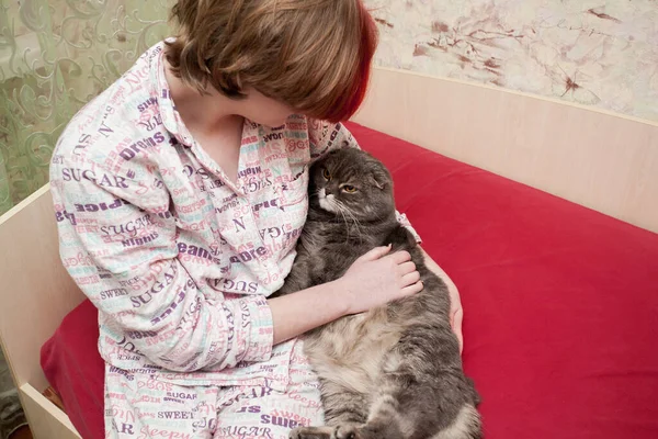 一个穿着睡衣的女孩坐在床上 抱着她的宠物 一只苏格兰折叠的猫 一个关于对宠物的态度和爱的形象 — 图库照片