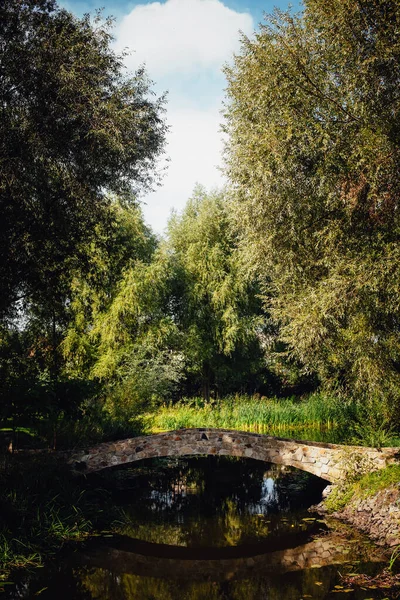 Nehir ve eski bir taş köprüsü olan pitoresk bir bölgenin dikey manzarası. Yaratıcı tasarımınız veya çizimleriniz için resim.