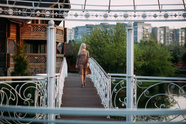 금발의 머리를 긍정적인 드레스 도시에서 호수의 배경에 다리에 — 스톡 사진