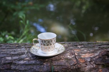 Altın desenli bir fincan kahve, küçük bir fincan tabağında, bir kütüğün üzerinde duruyor, sabahları pitoresk bir nehrin zemininde. Tasarımınız veya yaratıcı çizimleriniz için resim.