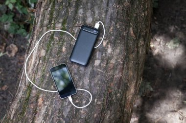 Cep telefonu güçlü bir güç bankasına kabloyla bağlıdır. Ahşap üzerine kompozisyon. Yaratıcı tasarımın veya çizimlerin için doğadaki uzak çalışmalar hakkında resim.