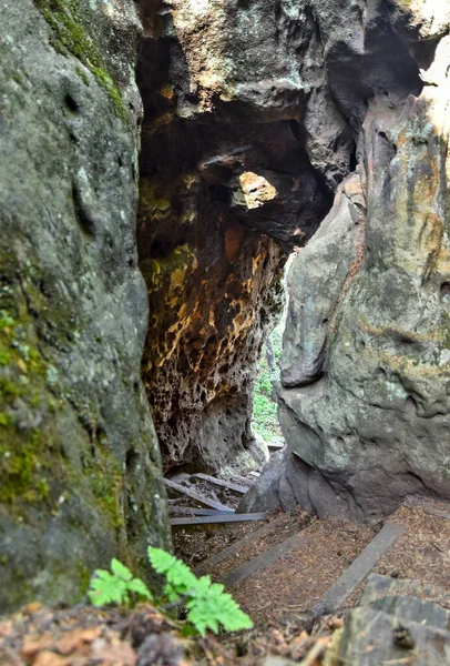 stock image stairway in the saxon switzerland. Passage under a sandstone rock