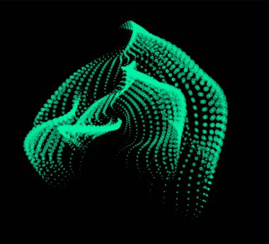 Büyük verilerin üç boyutlu dinamik düğümü bilimi noktalar. Parçacıkların sonsuz sinüzoit çizgisini dalgalandırın. Girdap tepesi elektrikli neon şişkinlik patlaması. Titreşim dalga küre arkaplanı. Çiçek araştırması bilim ağı damlası.