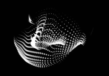 Büyük verilerin üç boyutlu dinamik düğümü bilimi noktalar. Parçacıkların sonsuz sinüzoit çizgisini dalgalandırın. Girdap tepesi elektrikli neon şişkinlik patlaması. Titreşim dalga küre arkaplanı. Çiçek araştırması bilim ağı damlası.