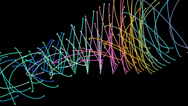 Crossing light beams. Energy flow Laser lines. Neon plexus knots. Curved guide path in space of infinity. Transition matrix energy level. Point deep datasets big deep data. Chaos and order background