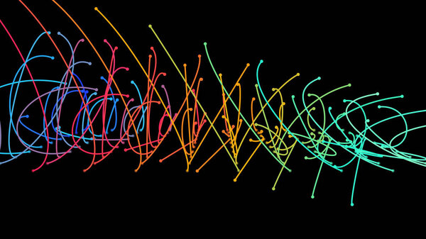 Crossing light beams. Energy flow Laser lines. Neon plexus knots. Curved guide path in space of infinity. Transition matrix energy level. Point deep datasets big deep data. Chaos and order background