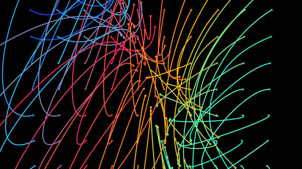 Crossing light beams. Energy flow Laser lines. Neon plexus knots. Curved guide path in space of infinity. Transition matrix energy level. Point deep datasets big deep data. Chaos and order background