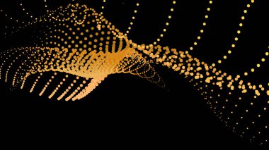 Veri titreşimli nokta parçacık dalgası. Soyut şişkinlik hiperbol sinüzoidi. Sonsuzluk geçiş aşaması 3d dalga formu arkaplanı. Siyah altın işi.