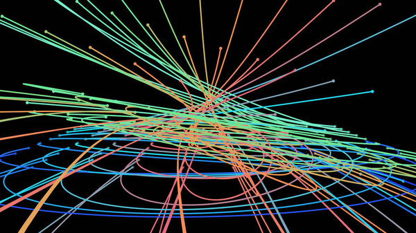 Crossing light beams. Energy flow Laser lines. Neon plexus knots. Curved guide path in space of infinity. Transition matrix energy level. Point deep datasets big deep data. Chaos and order background