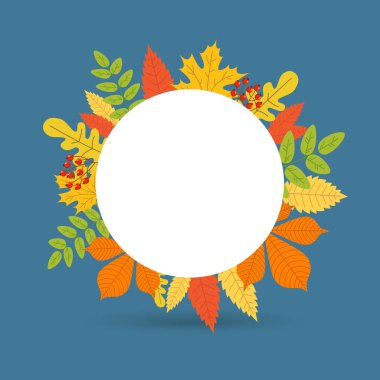 Güzel bir sonbahar çerçevesi, etrafında yapraklar olan yuvarlak bir çerçeve ve boşluğu kopyalamak. Banner Şablonu. Vektör illüstrasyonu