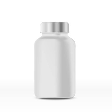 Mocap plastic jars for food additives, tablets, capsules. Isolated object on a white background with a shadow. 3d realistic vector. Vector illustration