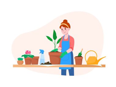 Çiçek nakli. Bahçede bahar işi. Çiçekçilik evi. Vektör illüstrasyonu