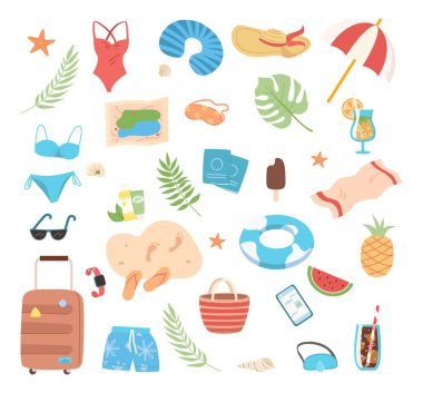 Yaz tatili ve seyahat için eşyalar. Tatil aksesuarları. Şemsiye, şapka, mayo, bikini, bavul, harita, gözlük, içecek vektörü illüstrasyonu
