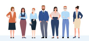 İş ekibi, personel. Ofis çalışanları iş kıyafetleri içinde sıraya girerler. Dost canlısı iş ekibi. Vektör illüstrasyonu