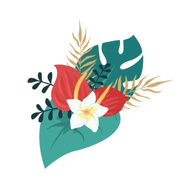 Kytice Listy Anturiovými Květy Tropických Rostlin Pohlednice Pozvánky Vektorová Ilustrace — Stockový vektor