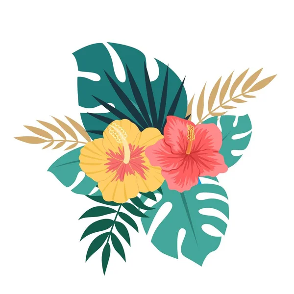 Composición Tropical Hojas Monstera Hibisco Palma Para Postales Diseño Invitación — Archivo Imágenes Vectoriales