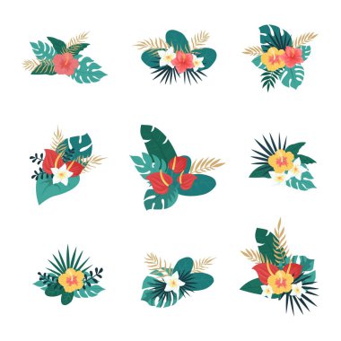 Tropik buketler. Tropik bitki ve çiçeklerle dolu 9 farklı buket. Kartpostallar, düğün davetiyeleri için tasarım. Vektör illüstrasyonu