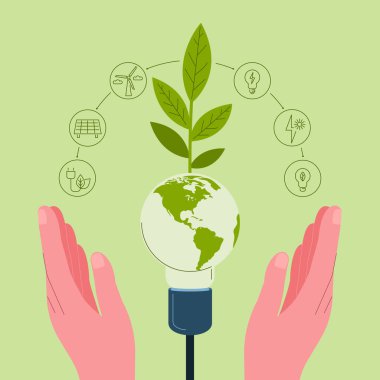 Save energy planet. Hands around the planet. Sources of renewable energy. Respect for natural resources. Saving natural energy resources. Vector illustration
