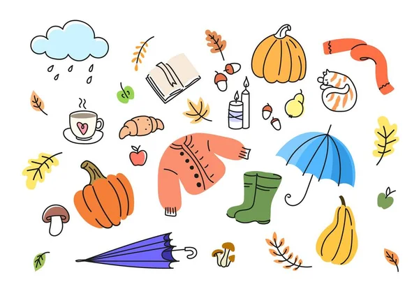Herbstliche Elemente Doodle Stil Herbstblätter Kürbisse Kerzen Kaffee Croissant Pullover — Stockvektor